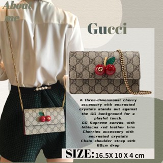 GUCCI GG Supreme Canvas Cherry Mini Bag/กระเป๋าสะพายข้างผู้หญิง/กระเป๋าสะพายโซ่/Cherry Wallet