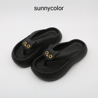 Sunny COLOR รองเท้าแตะ พื้นหนา กันลื่น ลายแมว สีขาวดํา แฟชั่นฤดูร้อน สําหรับผู้หญิง