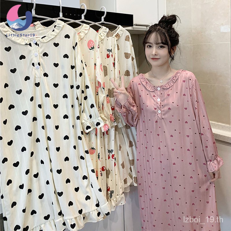 ชุดนอนผู้หญิงชุดนอนเดรสลูกไม้แฟชั่นแขนยาว กระโปรง น่ารัก สินค้าแนะนำ Women's pajamas 【LittleStar19】