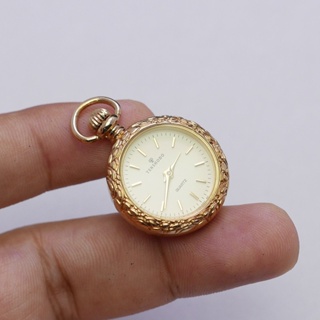 นาฬิกา Vintage มือสองญี่ปุ่น Pocket Watch นาฬิกาพกTenshodoระบบQUARTZทรงกลม กรอบทอง หน้าทอง หน้าปัด 23มม