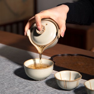 ☼Ru Kiln Travel Tea Set กระเป๋าเก็บของพกพากลางแจ้งเซรามิกหนึ่งหม้อสามถ้วยชากังฟูชุดเล็กถ้วยด่วน