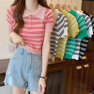 เสื้อครอปท็อป คอปกโปโล ผ้าถัก ลายทาง สีคอนทราสต์ แบบเรียบง่าย