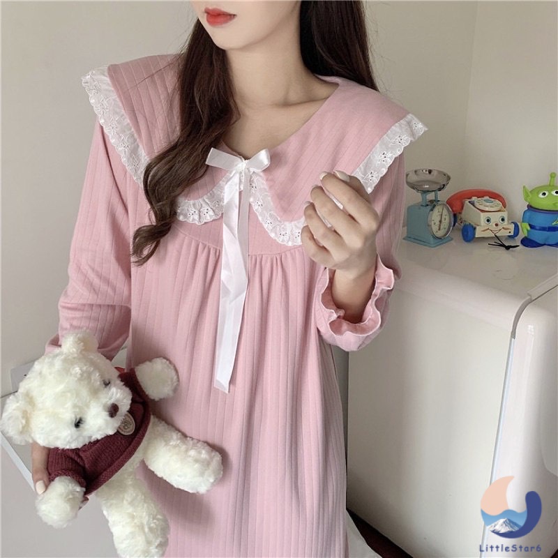 พร้อมส่ง ชุดนอนกระโปรงคอตตอน สไตล์เกาหลี น่ารักใช่ Cotton skirt pajamas【LittleStar6】