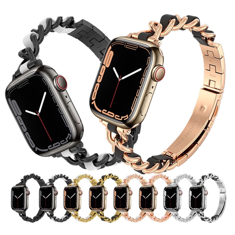 ☋Stainless Steel Link Bracelet for Apple Watch Band 41mm 40mm 38mm 45mm 44mm 42mm Leather Slim Strap for iWatch 7 6 5 4