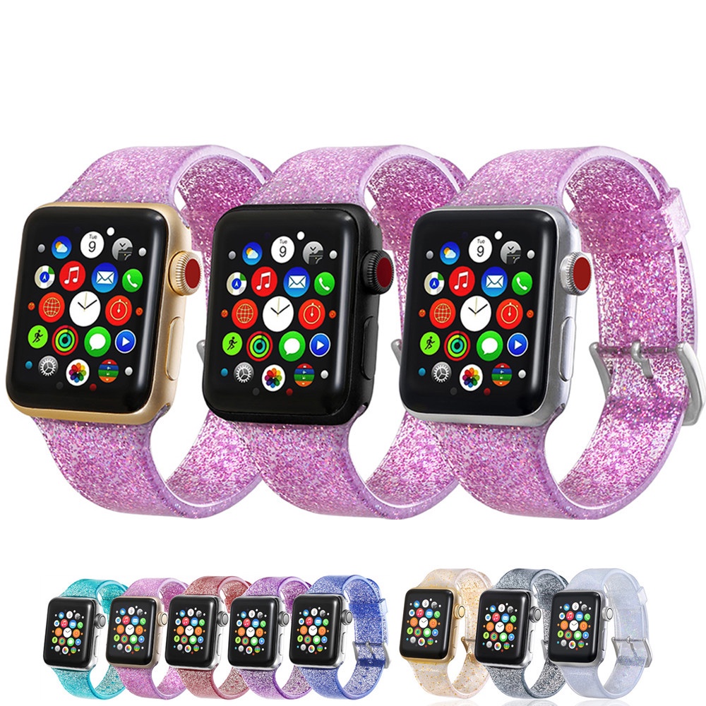 ┋☊﹍Glitter Strap for Apple Watch Band 40mm 44mm pulseira correa iwatch band 38mm 42mm Silicone Brace