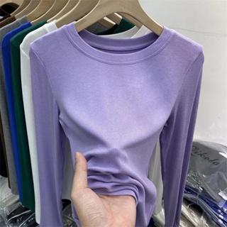 ใหม่ เสื้อยืดคอกลม แขนยาว สีพื้น ทรงสลิมฟิต