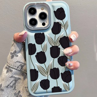 เคสโทรศัพท์มือถือ ลายดอกทิวลิป สีดํา สําหรับ iPhone 14Promax 13 12 11 7Plus X XR xsmax