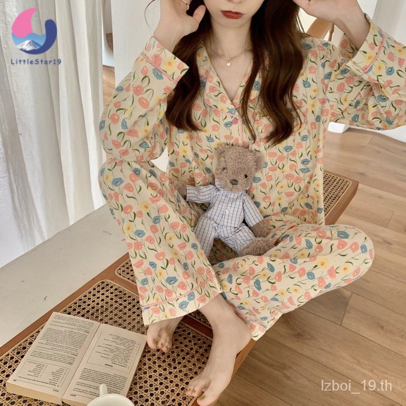 ชุดนอนสตรี เสื้อคาร์ดิแกน ชุดนอนผู้หญิงขายาว เสื้อผ้าใส่อยู่บ้าน น่ารัก ชุดนอนสองชิ้น แขนยาว Women's pajamas