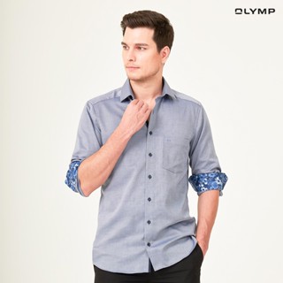 OLYMP GREEN CHOICE LUXOR Shirt เสื้อเชิ้ตชายรักษ์โลก สีกรมท่า ผ้าเท็กเจอร์ แต่งดีเทล ดอกไม้ ทรงหลวม ใส่สบาย รีดง่าย