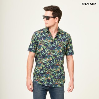 OLYMP GREEN CHOICE LUXOR Shirt เสื้อเชิ้ตชายรักษ์โลก สีน้ำเงิน ลายกราฟฟิกใบไม้ ทรงหลวม ใส่สบาย รีดง่าย