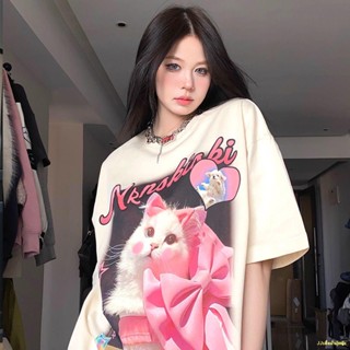 💤พร้อมส่ง # 💝American Creative Love Cat พิมพ์เสื้อยืดแขนสั้นหญิงหลวมรอบคอเสื้อผ้าด้านบน