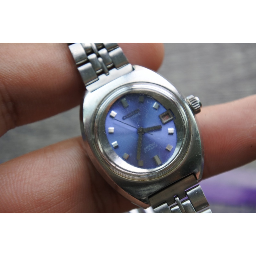 นาฬิกา Vintage มือสองญี่ปุ่น CITIZEN 28800Beat ระบบ AUTOMATIC ผู้หญิง รูปไข่ กรอบเงิน หน้าสีน้ำเงิน หน้าปัด 29มม