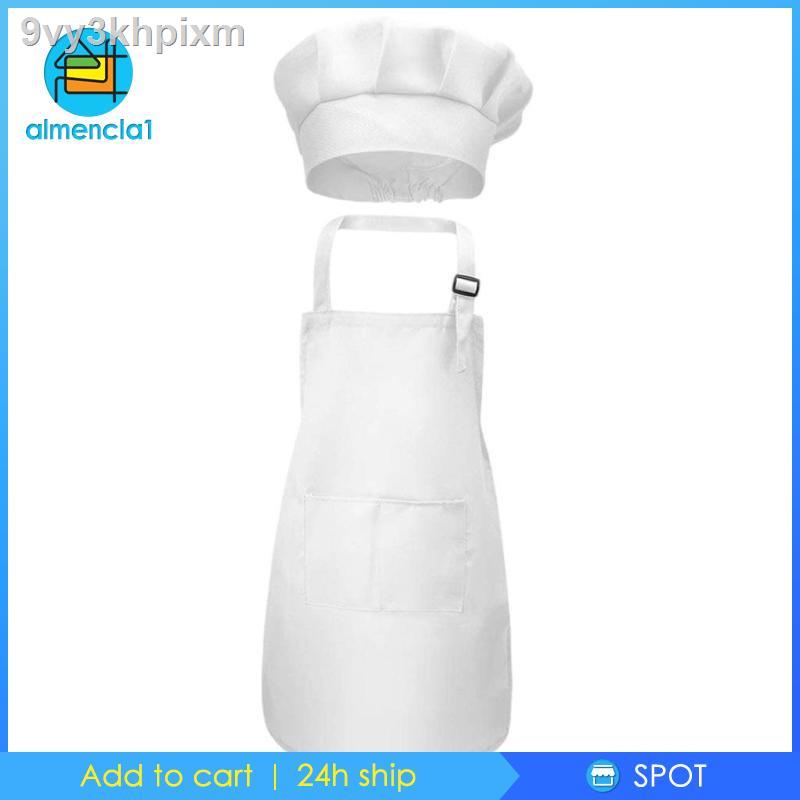 □☈✐[🆕M2-ALM1] Kids Apron Chef Hat Set Adjustable Bib Front Pocket for Crafting Baking
