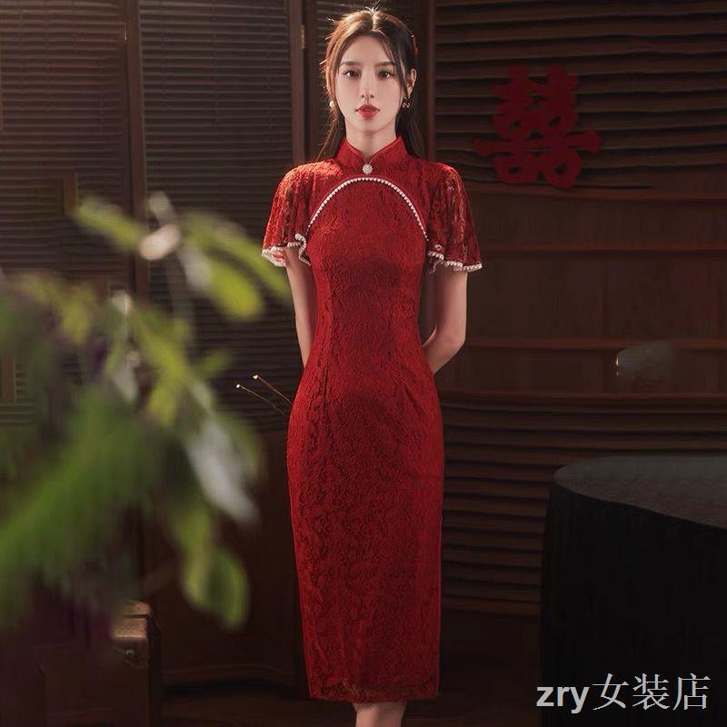 พร้อมส่ง❥เสื้อผ้าจีนโบราณ Cheongsam ขนมปังปิ้งชุดเจ้าสาวแต่งงานจีนหมั้นกลับชุดสีแดง