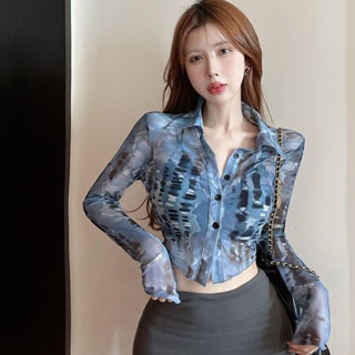 Akaqi💋Pure Desire Navel Navel Shirt Women s Unique Design Sensation Sweet Spice Girl Symphony Lapel Top. เสื้อเชิ้ตผู้ห