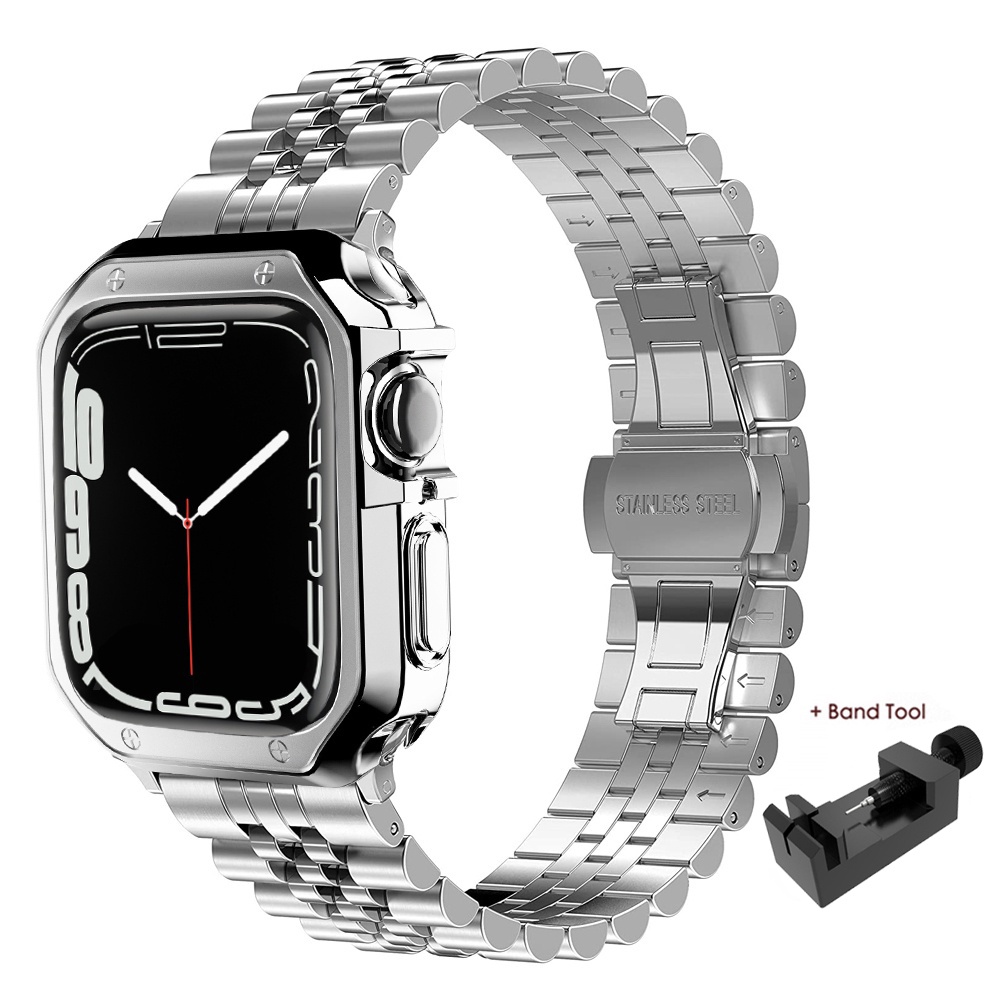 สายนาฬิกา applewatch สายสแตนเลส + เคสสำหรับ Apple Watch 38mm 42mm 40mm 44mm 41mm 45mm สายโลหะสำหรับ iWatch Series 8 7 6