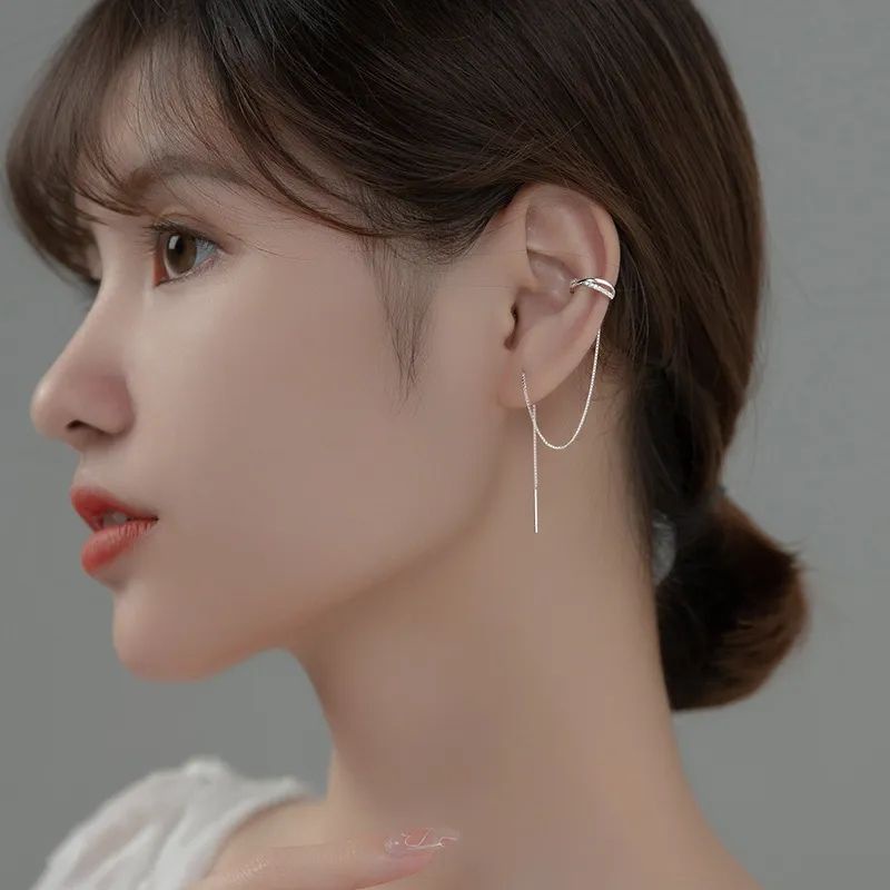 X ต่างหูหนีบมินิมอล มีโซ่คล้อง • Crystal Chain Ear Cuff ราคา ถูกที่สุด ดีลบีเคเค แกลเลอรีภาพที่ 5