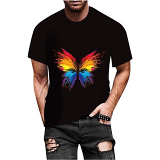 Fit Retro แขนสั้น Tee Gents Oversized Festival Top Super Soft Polyester College Crew Neck Butterfly Casual Shirt | เสื้อ