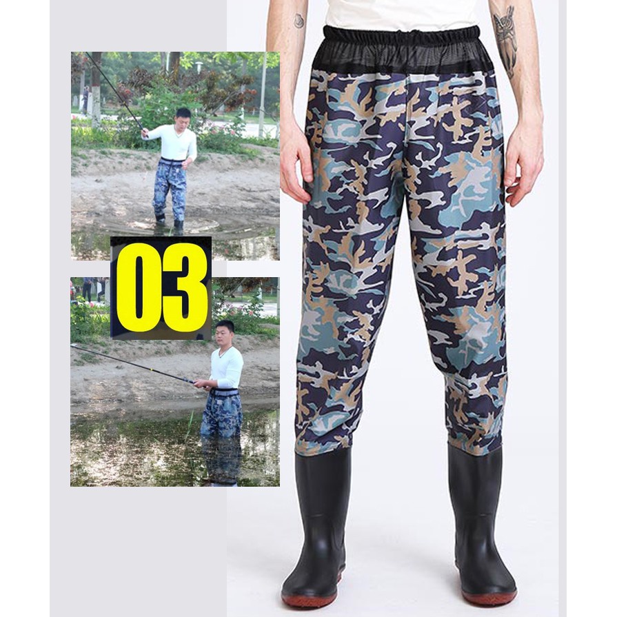 MAO กางเกงกันน้ำ PVC ลายพราง+รองเท้าบู๊ท สำหรับทำสวน ทำไร่