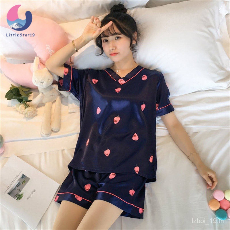 COD/M-2XL(ราคาต่ำสุด)ชุดนอนคอวีสตรีฤดูร้อน，มีลายการ์ตูนให้เลือกมากมาย，ชุดนอนผ้าซาติน，กางเกง+เสื้อ Women's pajamas