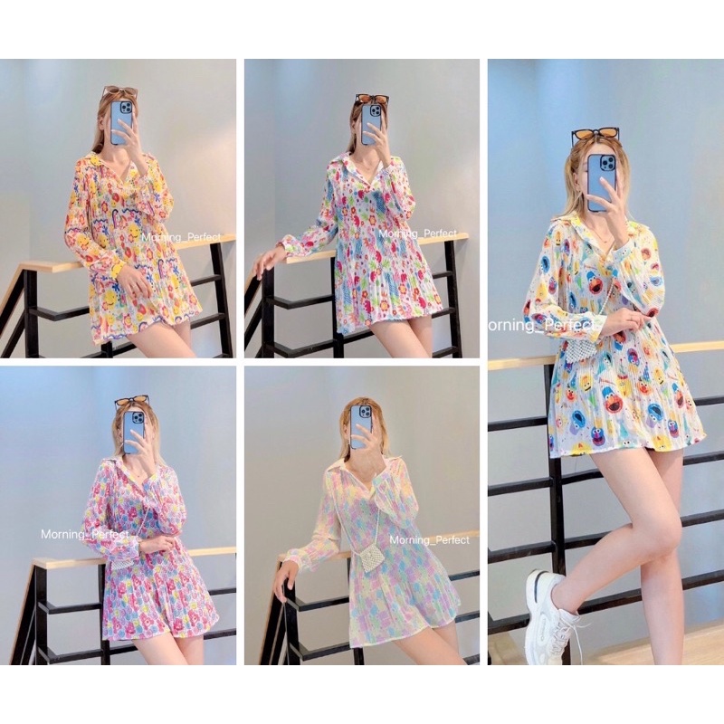 เสื้อเชิ้ต คอปก ผ้าชีฟองอัดพลีท ผ้าพิมพ์ลายอัดพลีท **รุ่นนี้ไม่มีกระดุม**