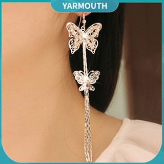 YAR_Womens Double Layers Butterfly Long Tassels Rhinestone Hook Linear Earrings