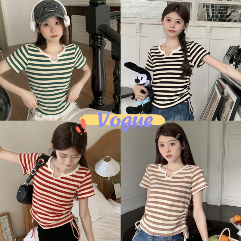 Vogue พร้อมส่ง เสื้อไหมพรมแขนสั้น เว้าวีตรงคอ ลายทางมี4สี (M0127-1) -C