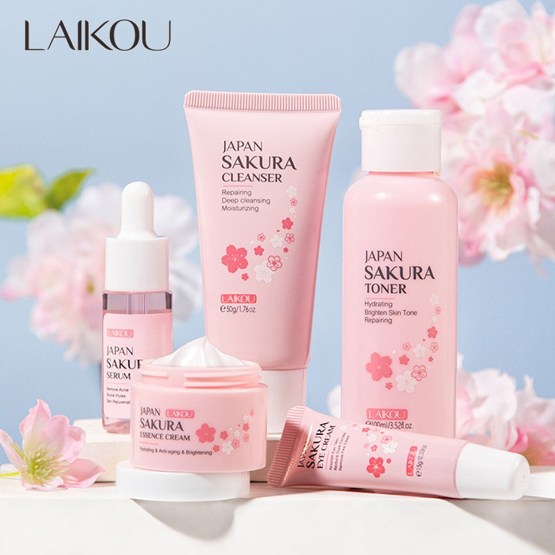 Face Skin Care Set Cleanser Sakura Essence Cream Moisturizing Whitening &amp; Anti-Aging Toner Eye Cream เซรั่มบำรุงผิวหน้า