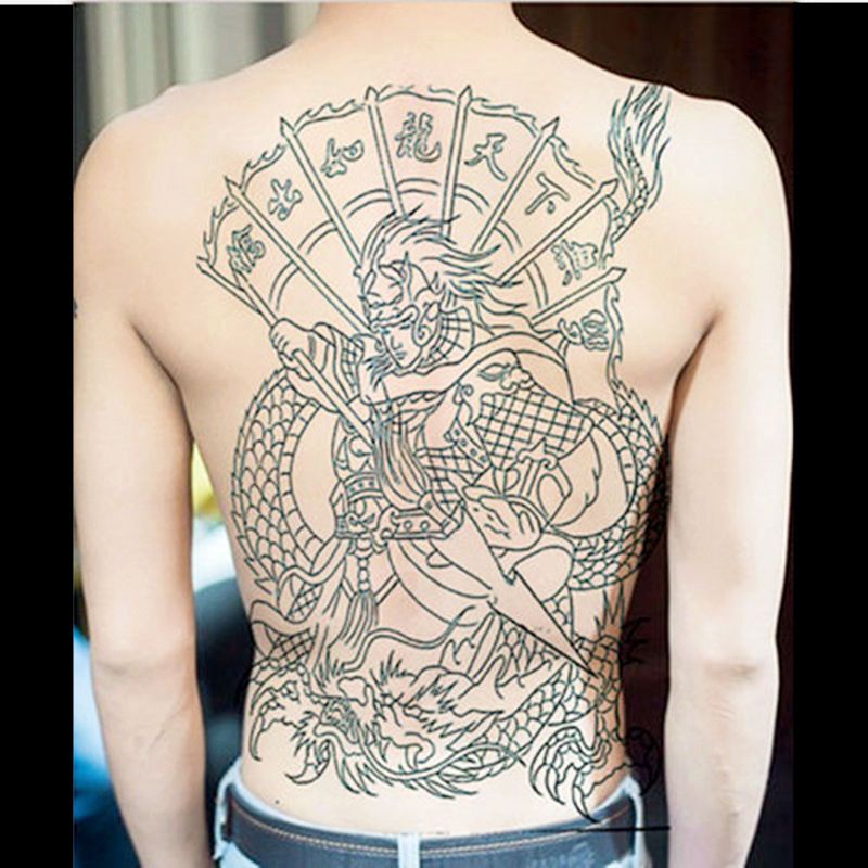 Sa Tattoo Kowloon สติกเกอร์รอยสัก แบบดึง เต็มหลัง ลาย Guan Gong Zhao Yun กันน้ํา สีขาว พระพุทธรูปสามด้าน สําหรับผู้ชาย