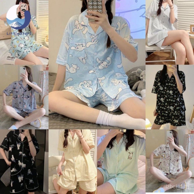 🥰ชุดนอนแขนสั้น -กางเกงขาสั้น ชุดนอนผู้หญิง ชุดนอนผ้าคอตตอน ชุดนอนลายการ์ตูน คอปกกระดุมหน้า ฟรีไซส์ Women's pajamas【LittleStar1】