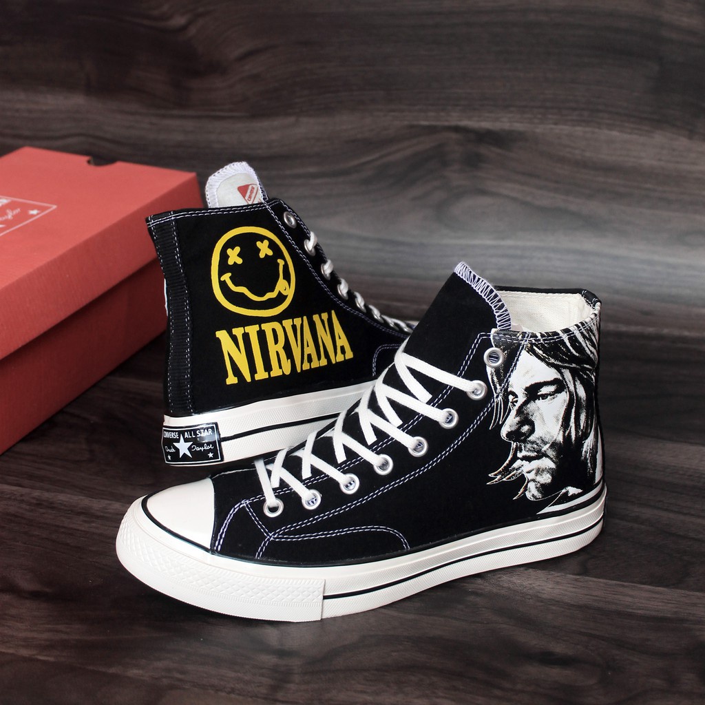 ✕☃✥Converse Sepatu รองเท้าผ้าใบผู้ชาย Converse 70s High All Star Nirvana Canvas Black White Import Premium
