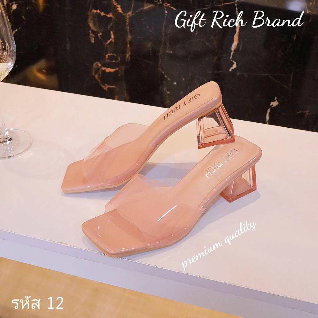 (แบรนด์ไทย) GiftRich No.12 baby peach รองเท้าส้นแก้วเหลี่ยม สีชมพูนู้ด New Collection