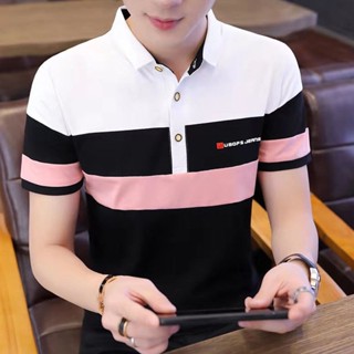 เสื้อยืดทรงโปโล คอปก แขนสั้น ผ้าฝ้ายแท้ แบบเข้ารูป สไตล์เกาหลี สําหรับผู้ชาย