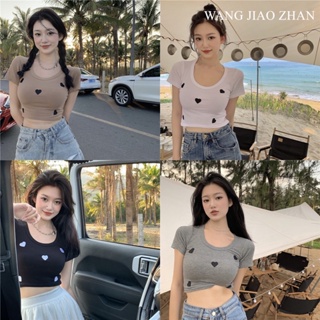 WANG JIAO ZHAN เสื้อยืดแฟชั่น แบบบาง ปักลาย สำหรับผู้หญิง