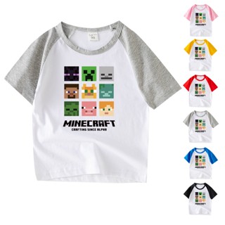 พร้อมส่ง เสื้อยืดแขนสั้น คอกลม ผ้าฝ้าย ลายการ์ตูน Minecraft 6 สี สําหรับเด็ก AC021