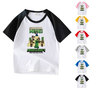 พร้อมส่ง เสื้อยืดแขนสั้น คอกลม ผ้าฝ้าย ลายการ์ตูน Minecraft 6 สี สําหรับเด็ก AC020