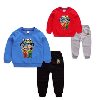 **ใหม่ ชุด** Autumn 8 Colors Kids Long Sleeve Cotton Super Mario bros Cartoon Sweater+ Pants Set