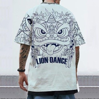 Guochao Lion เสื้อยืดแขนสั้น ทรงหลวม ขนาดใหญ่ สําหรับผู้ชาย วัยรุ่น