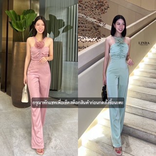 ⚜️งานป้าย Linda⚜️ ชุดออกงานสีชมพู จั้มยาวสายเดี่ยวอกแต่งย่นติดดอกไม้ ผูกด้านหลัง ทรงสวย เรียบหรู