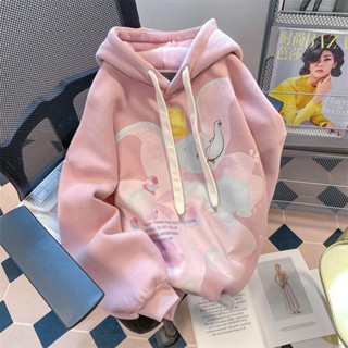 เสื้อสเวตเตอร์พิมช้างสีชมพูน่ารักหวานเท่สำหรับผู้หญิงฤดูใบไม้ร่วงและฤดูหนาวสไตล์เกาหลีสไตล์ชิวๆบุขนกำมะหยี่หนามีฮู้ด HEM