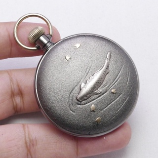 นาฬิกา Vintage มือสองญี่ปุ่น Pocket Watch นาฬิกาพกปลาระบบQUARTZทรงกลม กรอบเงิน หน้าขาว หน้าปัด 46มม