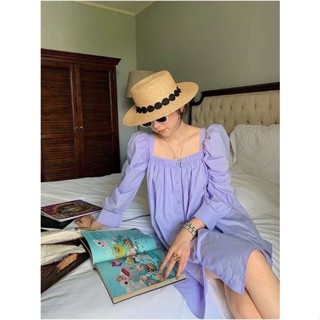 มินิเดรสผ้าคอตตอล สีม่วงละมุนมาก ดีเทลทรงคอเหลี่ยม