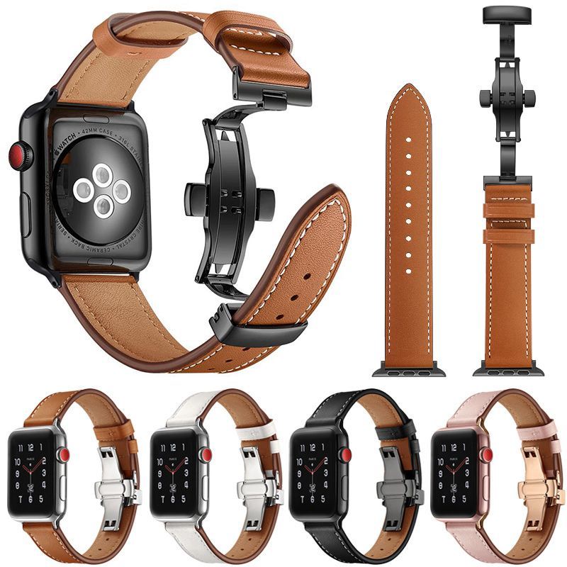 ❃■☋เหมาะสำหรับ Apple Watch iwatch8 สายรุ่นที่ 4 applewatch5 หนัง s6/7 หนังวัว 3/se2 หัวเข็มขัดโลหะ