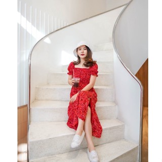 Chic No.9 : Dress - Red Flower Pretty 🌼 อกถึง 48 🌼 เดรสออกงาน เดรสเที่ยว เดรสสีแดง  👋ปัดซ้ายที่รูปเพื่อดูขนาดสินค้า