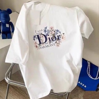 DIOR 23 เสื้อยืดลําลอง ผ้าฝ้าย แขนสั้น พิมพ์ลายโลโก้ตัวอักษร jacquard แฟชั่นฤดูร้อน สําหรับผู้ชาย และผู้หญิง