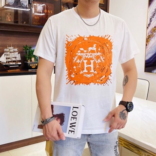 Hermes เสื้อยืดลําลอง ผ้าฝ้าย แขนสั้น พิมพ์ลายรถไฟ H home chariot สไตล์ยุโรป แฟชั่นสําหรับผู้ชาย และผู้หญิง