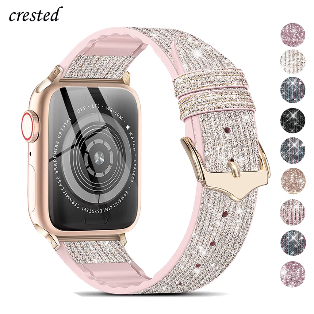 △Silicone+Leather Strap For Apple Watch Band 44mm 40mm 45mm 49mm 41mm 38 42 Bling Correa Bracelet iWatch Series 3 6 SE 7