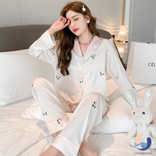 👉ชุดนอนแขนยาวสปริง ซาตินเรียบ สวมใส่สบาย M-2XL ขายาว+เสื้อ Pajamas【LittleStar6】