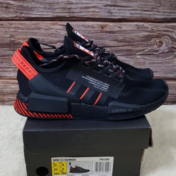 ♟﹉Adidas NMD R1 V2 BLACK SOLAR RED รองเท้าผ้าใบ