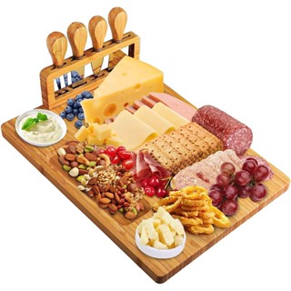 Bamboo Cheese Board Set - Charcuterie Boards and Serving Meat Platter, Cheese Tray with 4 Stainless Steel Cheese Knives